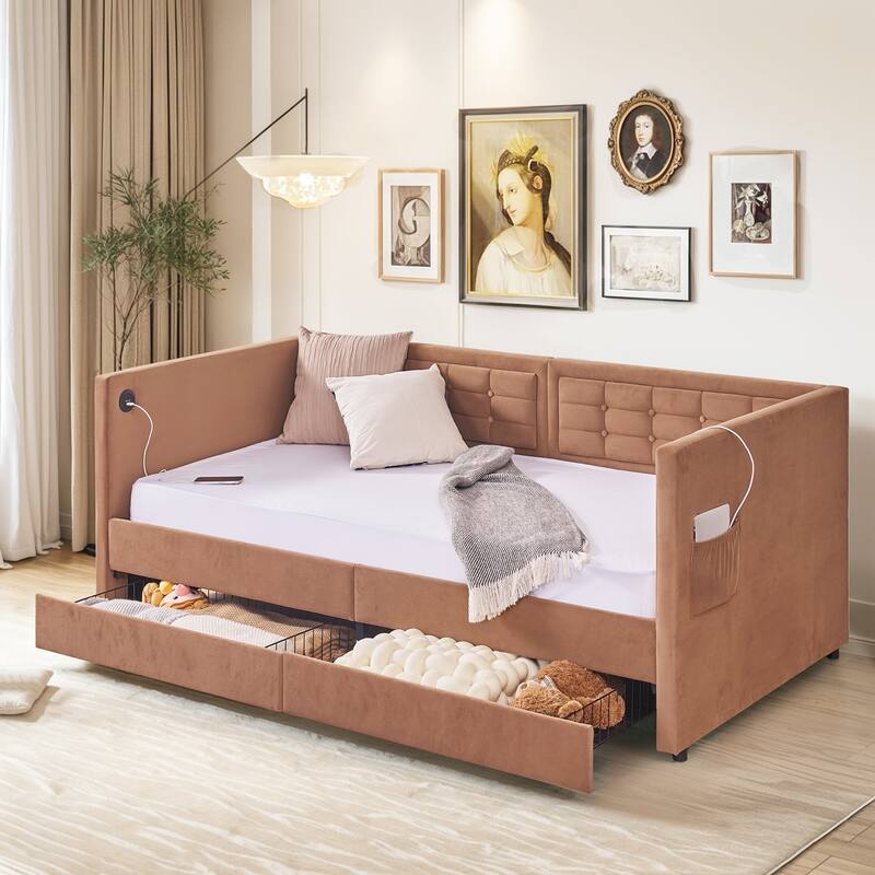 VECELO Twin Size Upholstered Daybed with Storage Drawers Storage Daybed with USB Ports & Pockets Modern Sofa Bed Daybed Frame - Brown