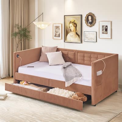 VECELO Twin Size Upholstered Daybed with Storage Drawers Storage Daybed with USB Ports & Pockets Modern Sofa Bed Daybed Frame
