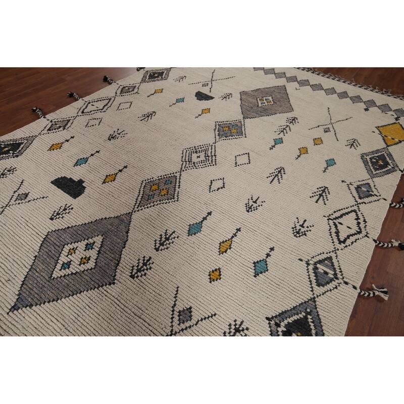 Geometric Moroccan Area Rug Hand-Knotted Wool Carpet - 6'8"x 11'0"