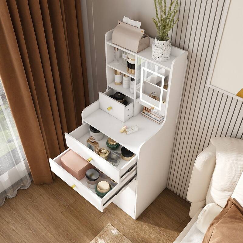 3-in-1 Dressing Table with LED Mirror & Storage Stool - Compact Makeup Vanity with 4 Drawers, Storage Cabinet & Hidden Stool