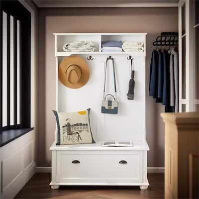 Hall Tree Entryway Bench with Open Shelves and Shoe Cabinets