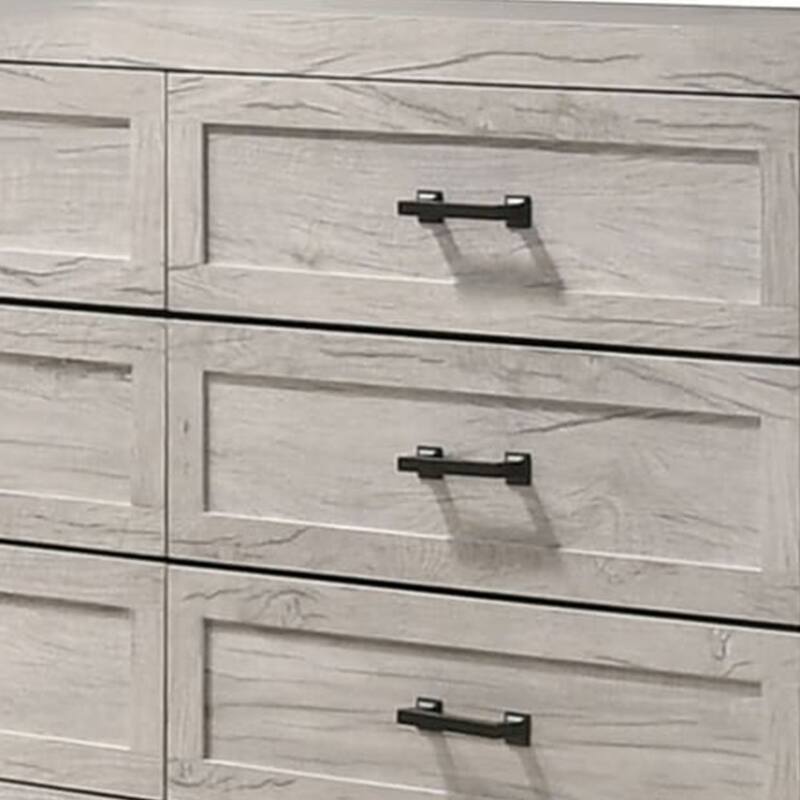 Miot Wide Dresser, 6 Drawers w Metal Handles, White Wash Wood