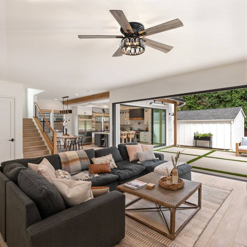 52" Flushmount Ceiling Fan with Lights Remote, Farmhouse Fandelier 5 Blade