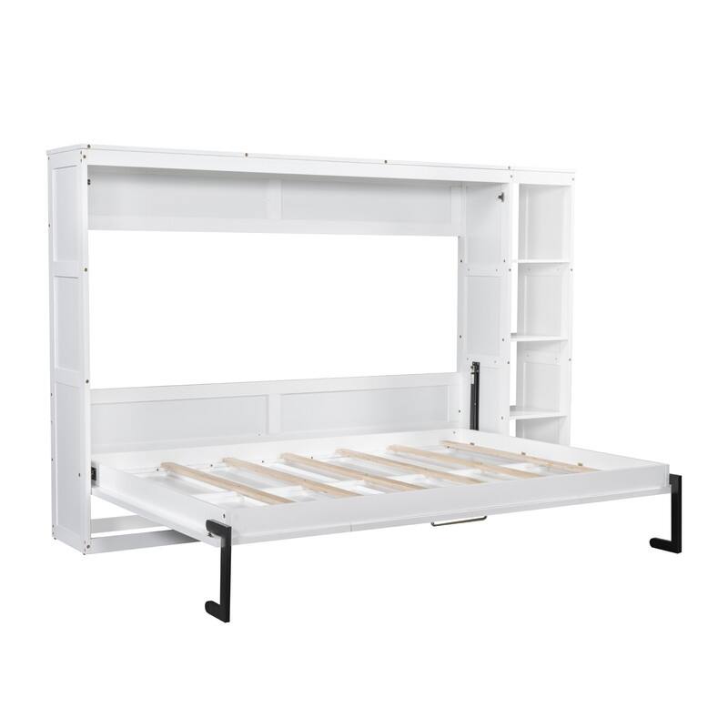 Full Size Murphy Bed with Bookshelf, Foldable Bed Frame with Storage Shelves, Wooden Cabinet Bed with Handle
