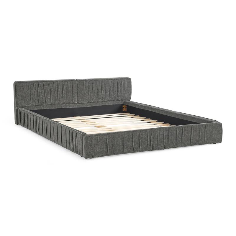 Queen Size Upholstered Bed Frame Chenille Pleated Design Grounded Platform Headboard Grey No Box Spring