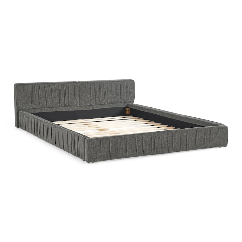 Upholstered Bed Frame with pleated design, Chenille Fabric Grounded Platform Bed with Headboard and Solid Frame