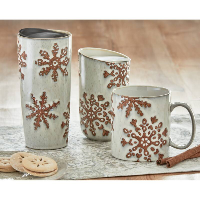 Winter Snowflake Travel Mug Stoneware Silicone Gasket Stoneware Lid 16 oz