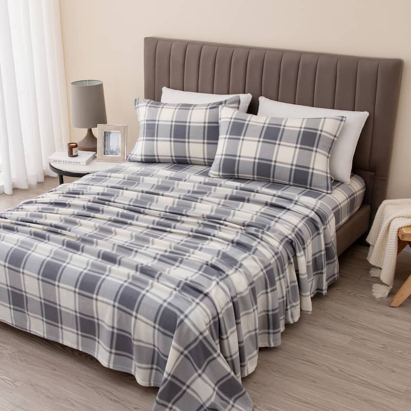 Great Bay Home Super Soft Extra Plush Plaid Fleece Bed Sheet Set - Grey Plaid - Queen - Modern & Contemporary