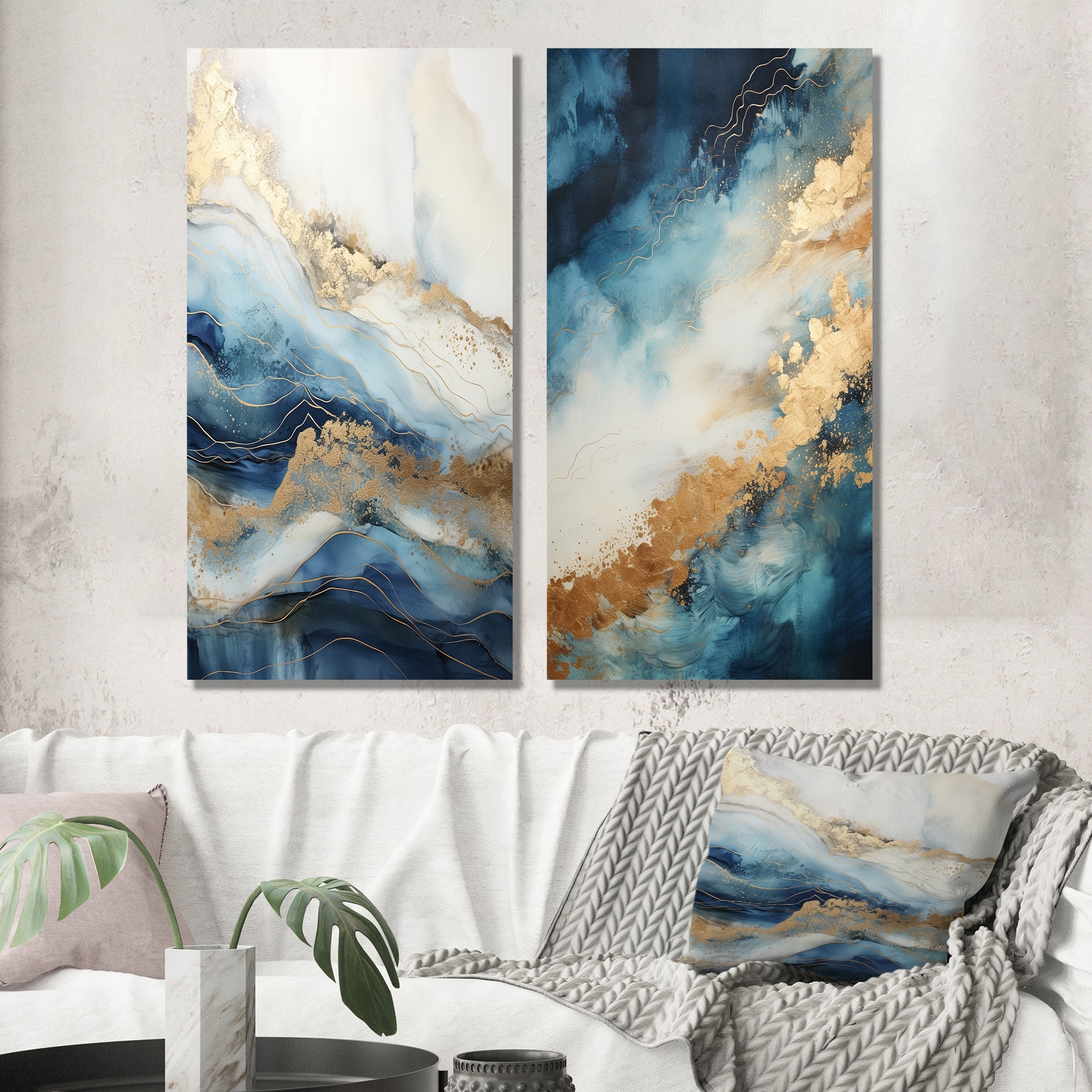 Designart "White And Blue Goldern Abstract River" Northern Lights Canvas Set Of 2 - Traditional Wall Art Set 2 Pieces