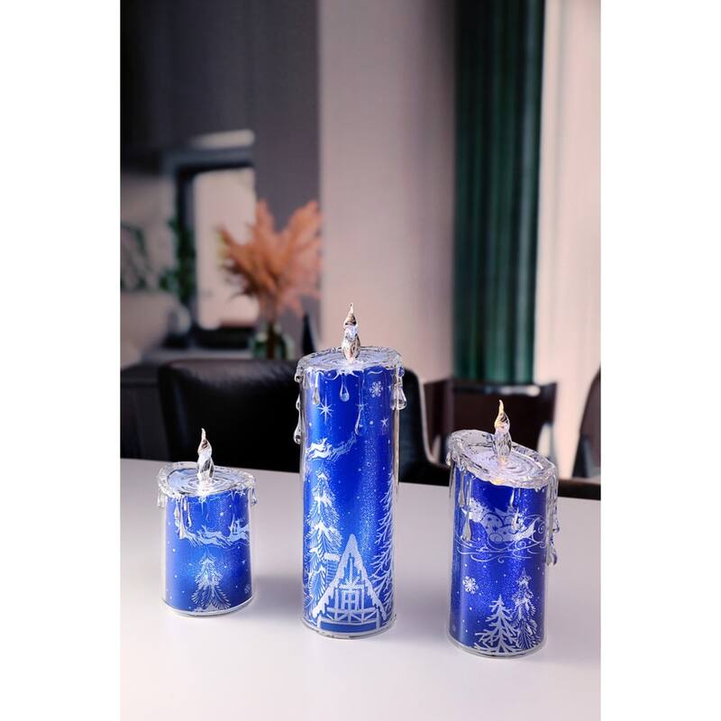 3-Piece Santa With Sleigh LED Flameless Candle Lights 9.5" Blue Clear
