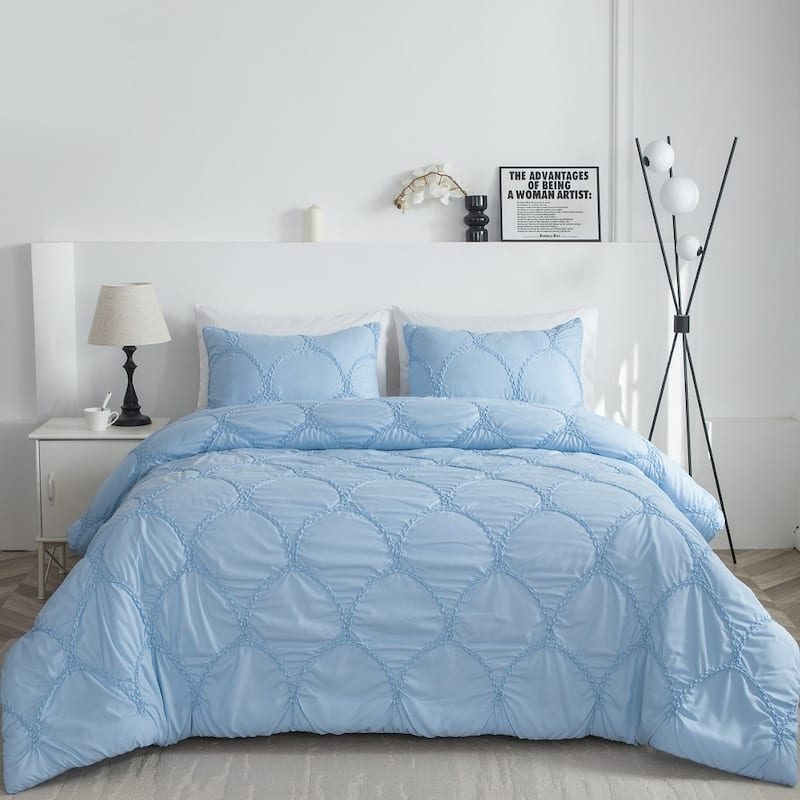 Embroidered Puckered Microfiber 3pcs Comforter Set, Scale Design Contemporary Bedding Set - Blue - King