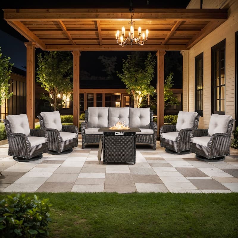 Pocassy 6 Pieces Fire Pit Table with Sofa Swivel Chairs Set - Brown Wicker Beige Cushion - 6 Pieces Sofa Swivel Chairs with Fire Table