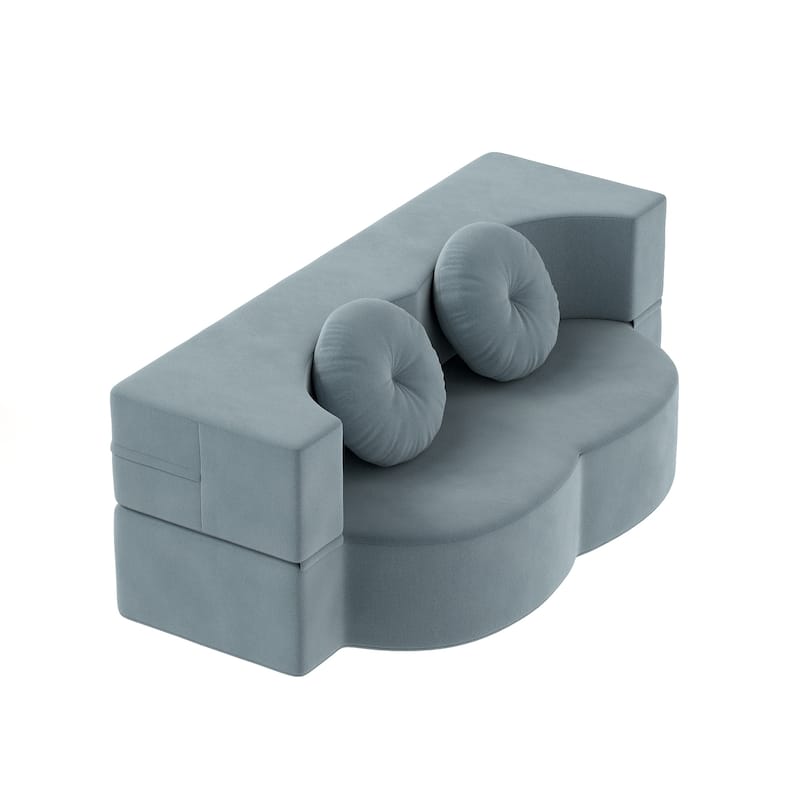 Modern Floor Sofa with 2 Pillows, Convertible Plush Corduroy Foam-Filled Sleeper Sofa Bed, 14.2" Full Size Folding Mattress