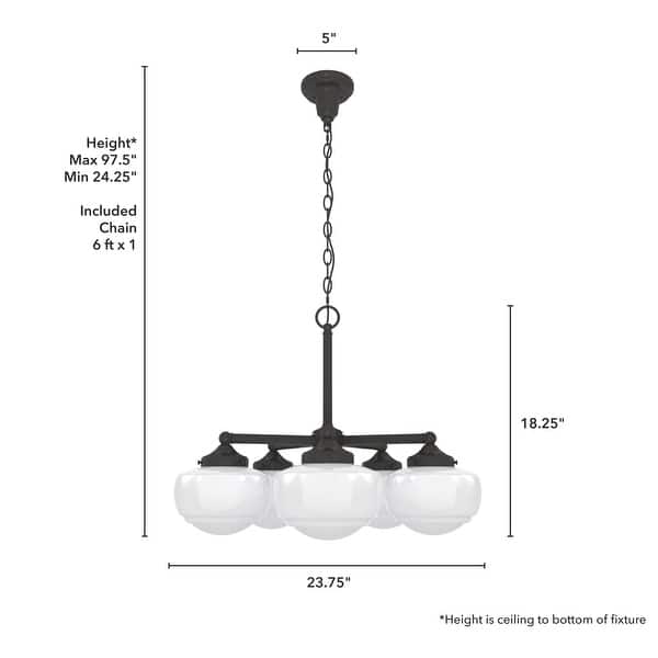 dimension image slide 5 of 17, Hunter Saddle Creek Contemporary Schoolhouse Chandelier - Clear or White Glass Globes - Entry, Dining Room, Kitchen Table