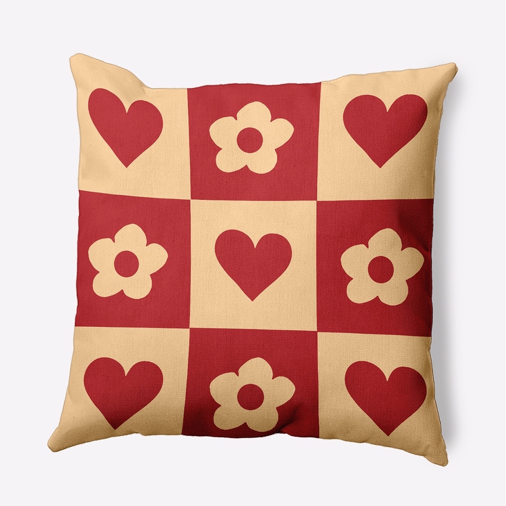 Heart And Flowers Grid Valentines Day Decorative Throw Pillow