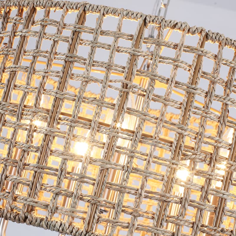 5 - Light Dimmable Drum Chandelier Natural Rattan Bohemian & Coastal Pendant - 18.9 in