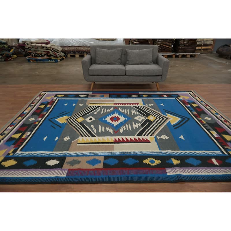 Hand Woven Oriental 100% Wool Carpet Southwestern Tribal Navy Blue & Blues Kilim Area Rug - 10' 1'' X 8' 1''