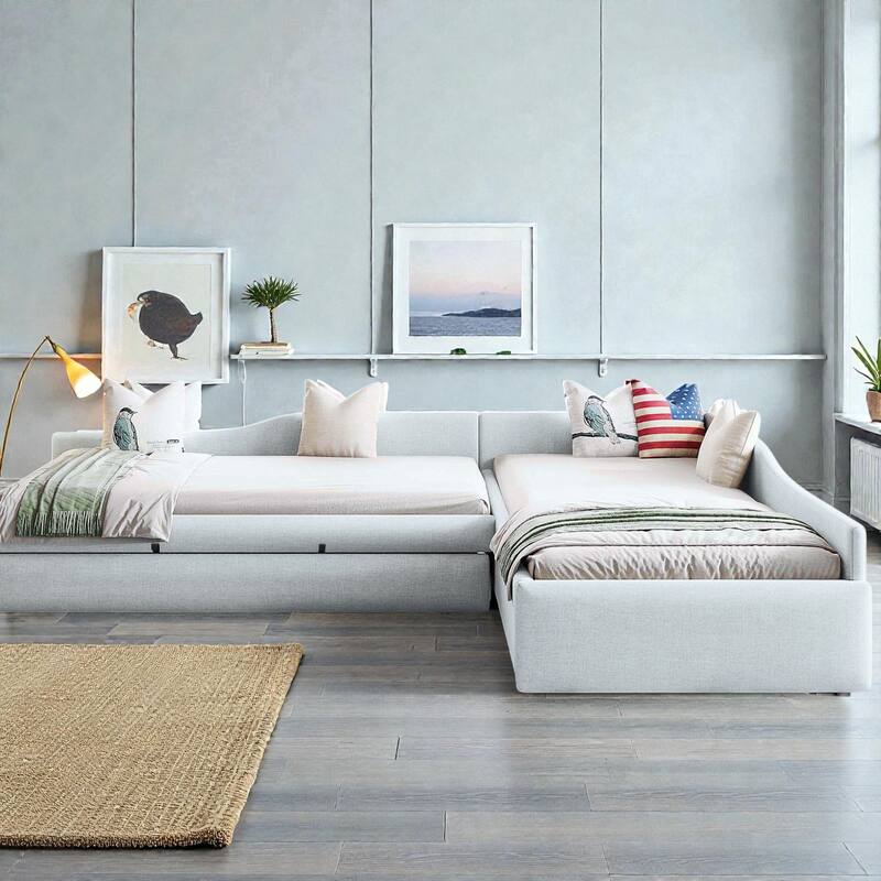 Upholstered Twin Daybed with Trundle and Drawer, Double Twin Linen Sofa Bed No Box Spring