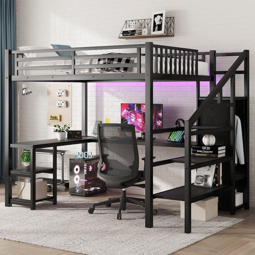 Full Size Metal Loft Bed with Wardrobe, USB Port, LED Light, and L-Shaped Desk for Space-Saving Storage, Black