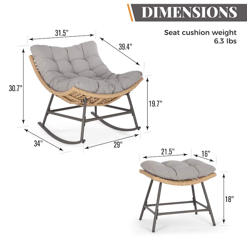 MAISON ARTS 2-Piece Outdoor Papasan Chairs, Oversized Rattan Lounge Scoop Chairs with Thick Padded Cushions and Steel Frame