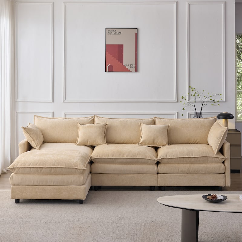 Chenille Upholstered L-shaped Sectional Sofa 3 Seater Modular Couch with Ottoman, Pillows and Double Layer Seat Cushions