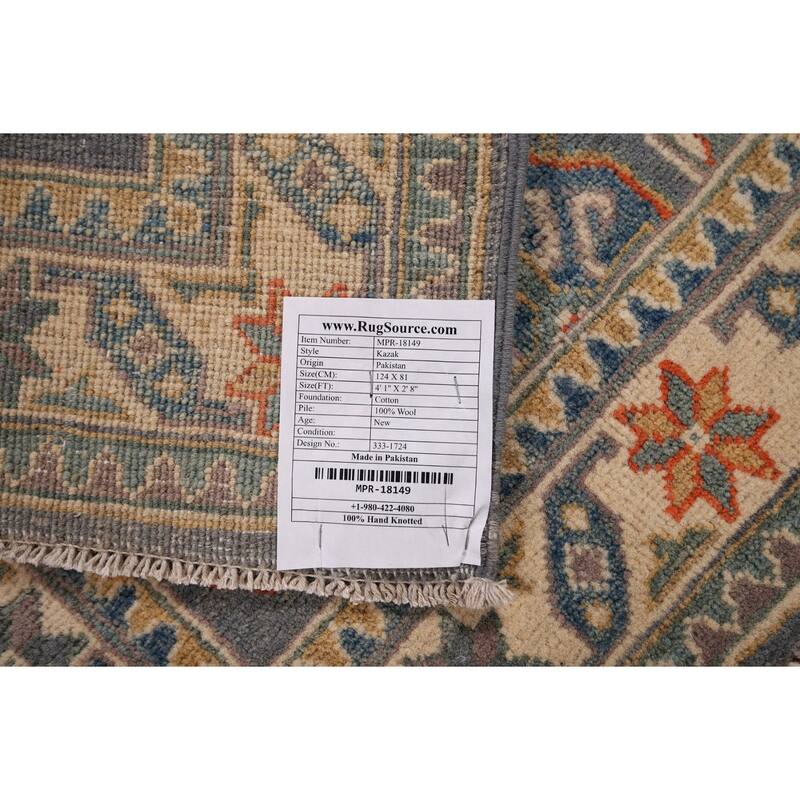 Gray Geometric Kazak Accent Rug Hand-Knotted Foyer Wool Carpet - 2'8" x 4'1"