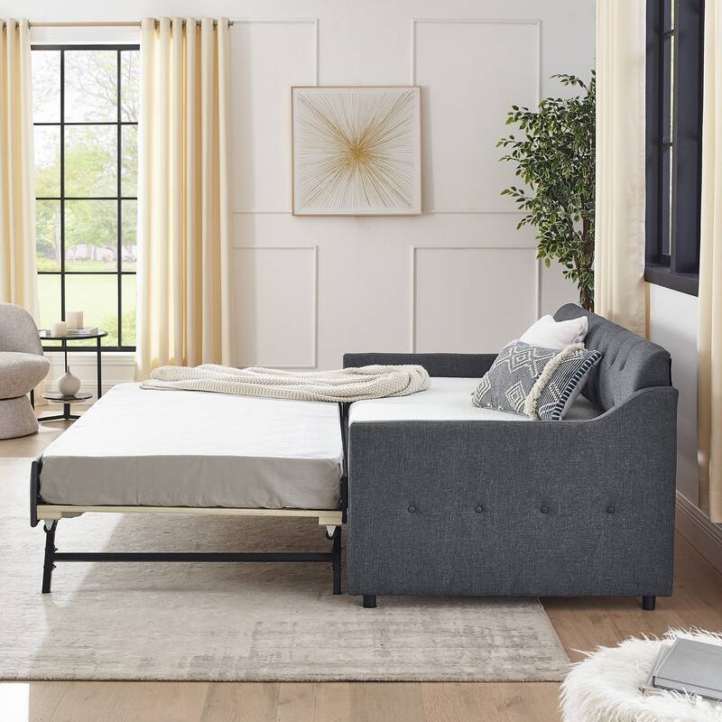 Twin Size Linen Upholstery Daybed with Twin Size Trundle and USB Charging