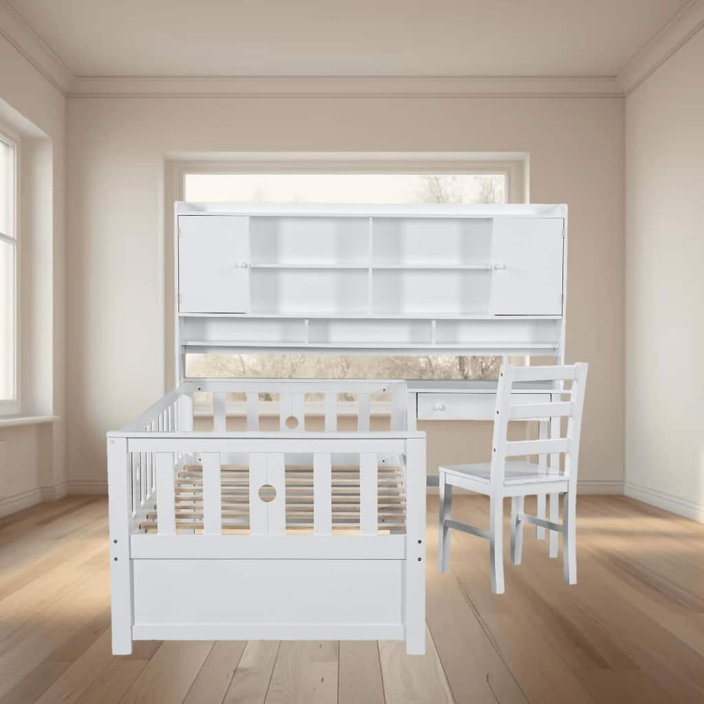 Twin Size Multifunctional Platform Bed Frame with Built-in Desk, Bookshelf and Matching Chair, Space-Saving Design for Bedroom