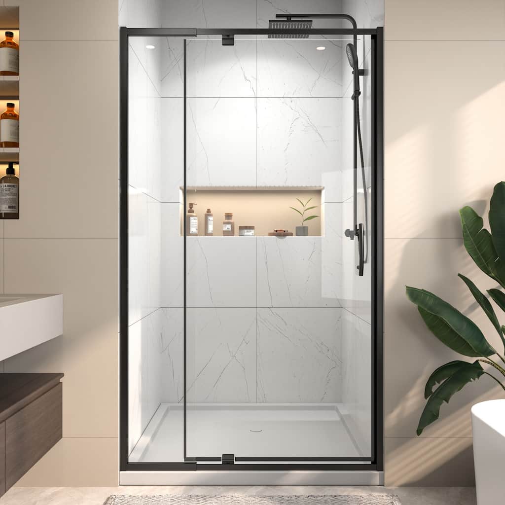 42"x71" Frameless Single Pivot Enclosure Glass Shower Door Black/Nickel with SGCC Tempered Glass