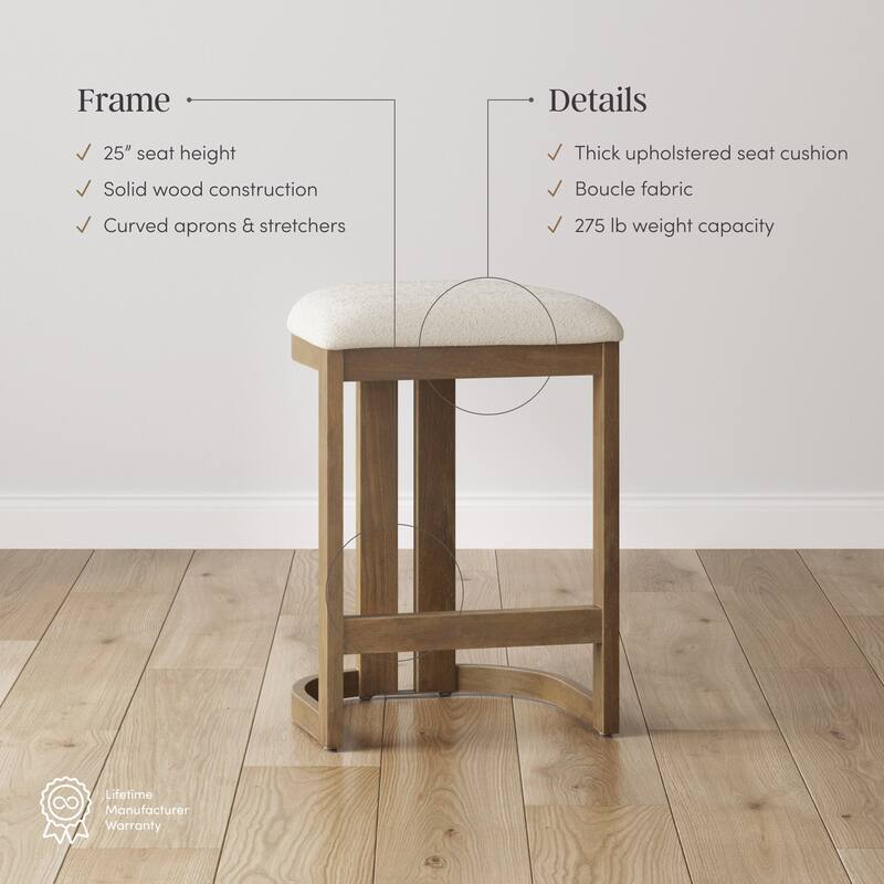 Veya Modern Barrel Bar Stool with Solid Wood Legs and Boucle Upholstery