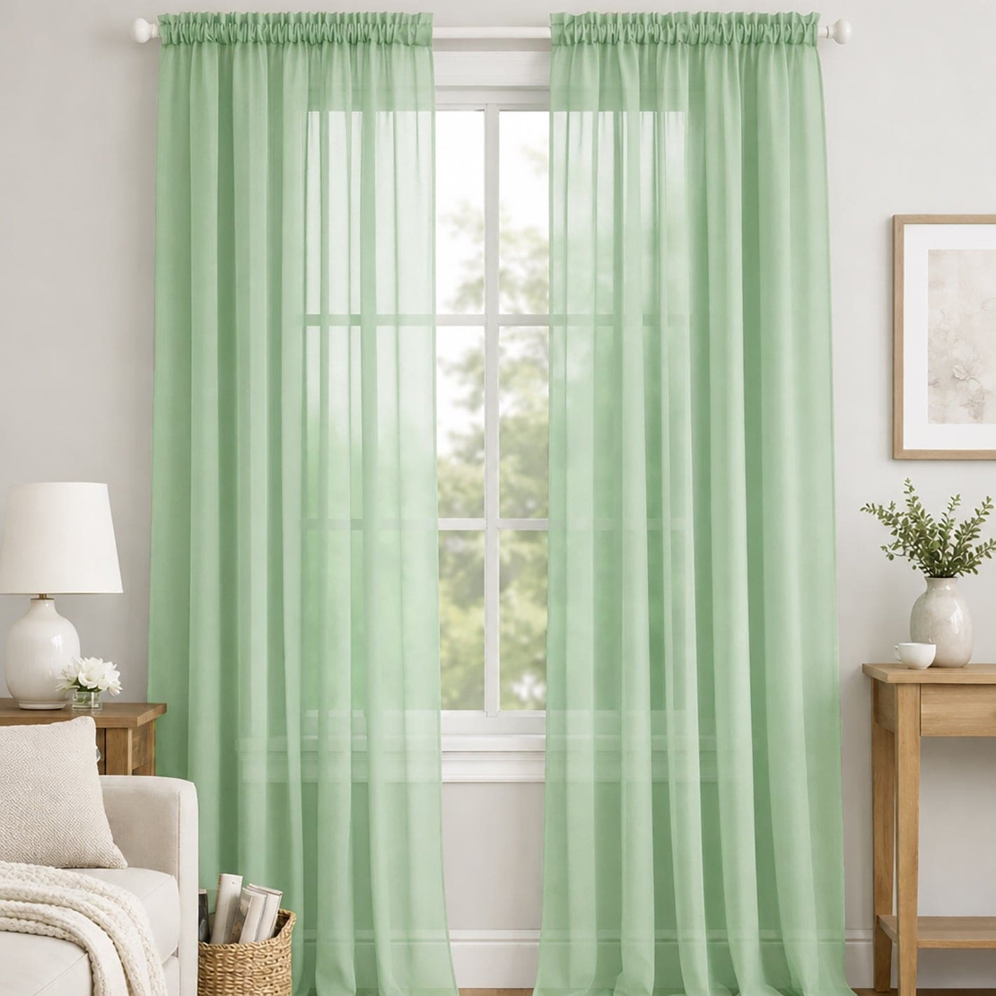 Sage Green Sheer Window Rod Pocket Curtain Set 90" Inches Long (2 Panels) - 90" Long