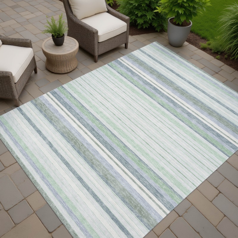 Machine Washable Indoor/ Outdoor Modern Stripes Chantille Rug - Mint - 8' x 10'