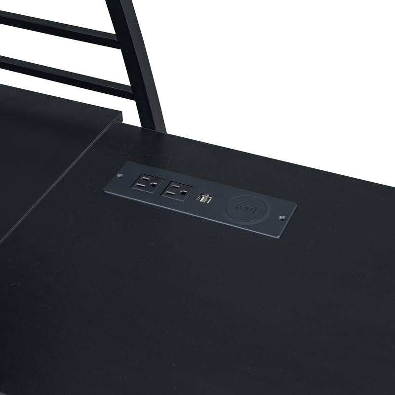 Full Size Metal Loft Bed with 4-Layer Shelving, L-Shaped Desk, USB Ports, Sockets, and Wireless Charging