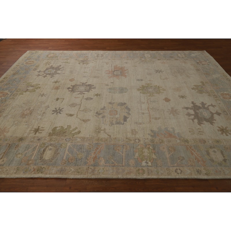 Hand Knotted Oriental 100% Wool Carpet Transitional All-Over Beige & Ivories Oushak Area Rug - 9' 9'' X 8' 2''