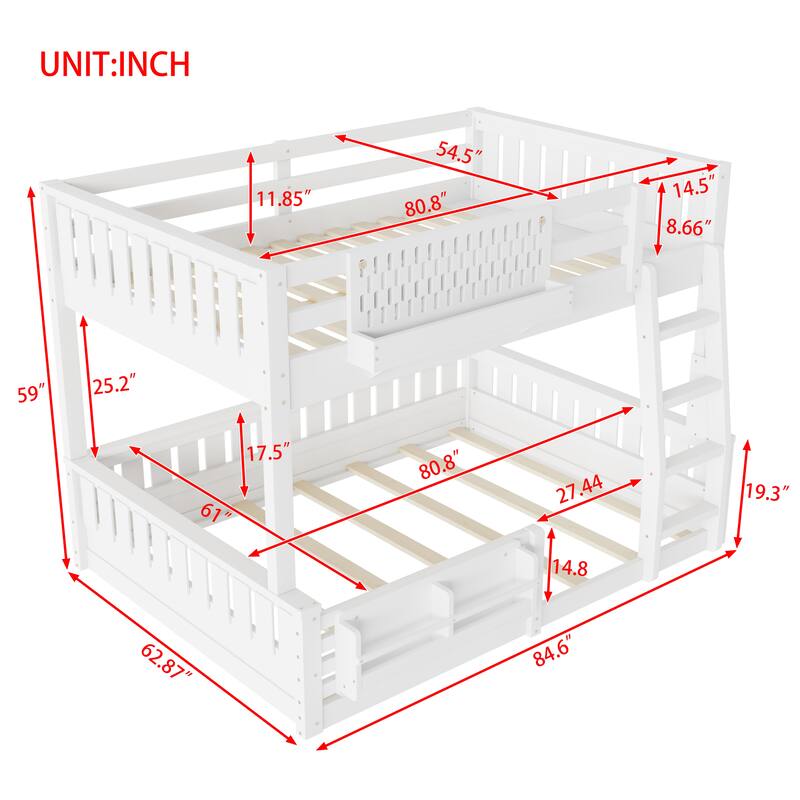 Full XL over Queen / Full over Queen Bunk Bed with Ladder, Guardrails, Pegboard & Built-In Bookshelf, Solid Wood Frame