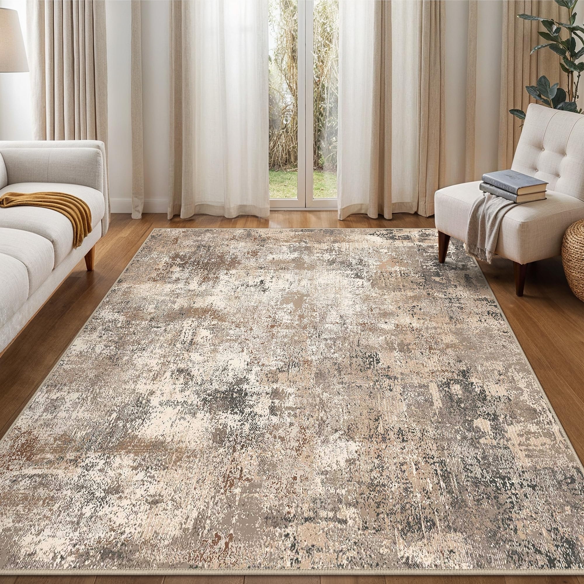 Mcow Abstract Taupe Collection Machine-Washable Non-Slip Area Rug