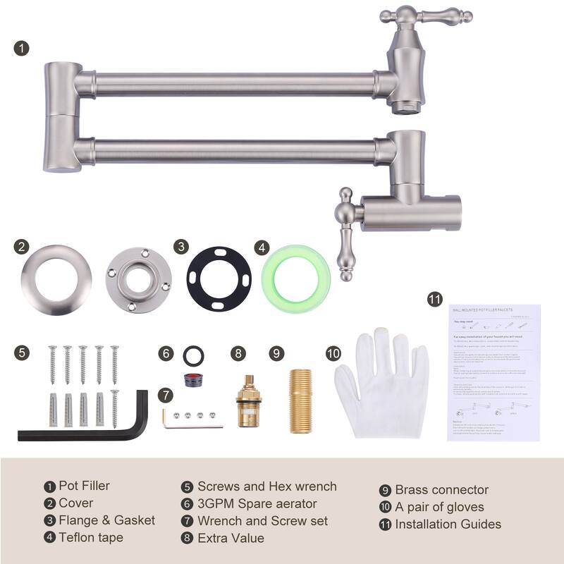 WOWOW Wall Mounted Pot Filler Faucet with Double Joint Swing Arms