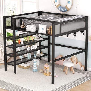 Full Size Metal Loft Bed with 4-Tier Shelves and Storage