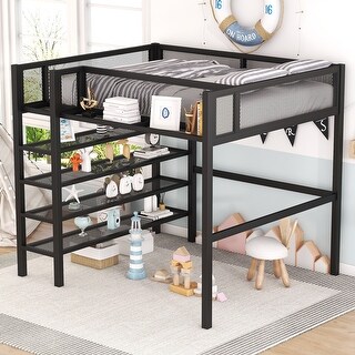 Full Size Metal Loft Bed with Integrated Workstation and Bookshelves, Four-Tier Storage Ladder