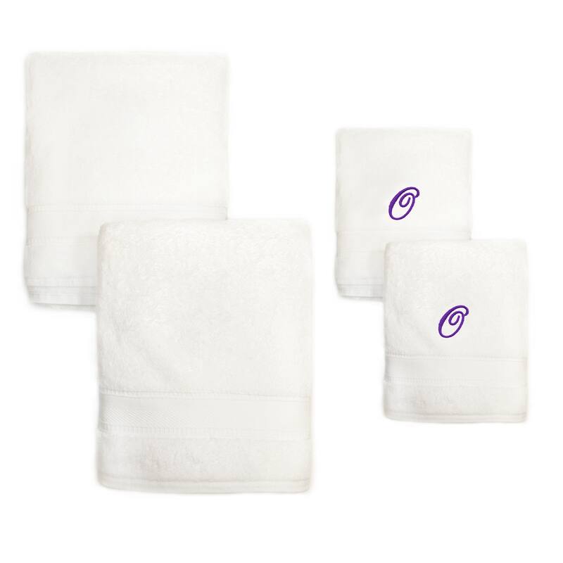 Sweet Kids 2-piece White Turkish Cotton Bath and Hand Towel Set with Lavender Purple Monogrammed Initial - white/purple o