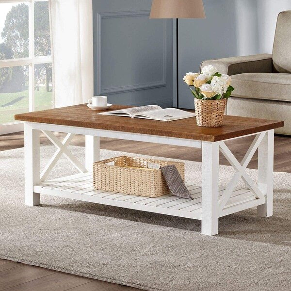 FurniChoi Farmhouse Coffee Table Wood Rustic Vintage Cocktail Table for Living Room with Shelf 47 White and Brown Bed Bath Beyond 37499334