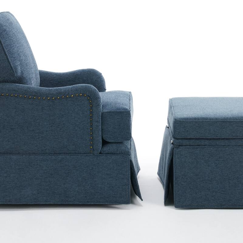 Skirted Swivel Accent Nailhead Barrel Chair With Storage Ottoman Set