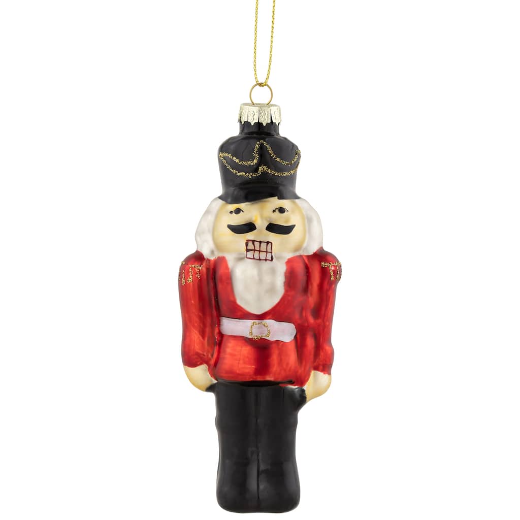 5" Red and Black Nutcracker Hanging Glass Christmas Ornament