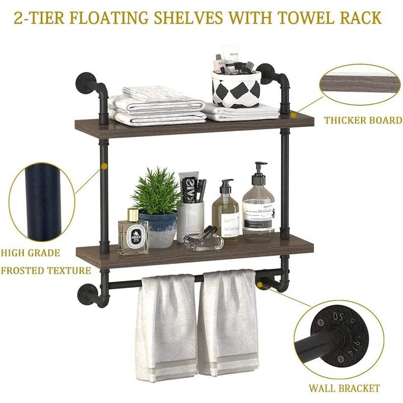 Industrial Pipe Floating Bathroom Shelves Wall Mounted with Towel bar - 7.8"D x 15.7"W x 25.6"H