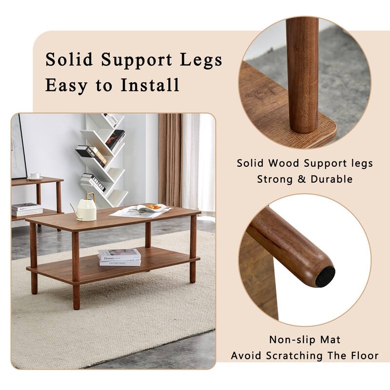 39" Coffee Table with 2-Tier Rubberwood Legs
