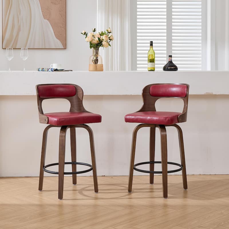 SEYNAR PU Leather 360 Degree Swivel Open Back Bar Stools Wood Legs Set of 2 - Red