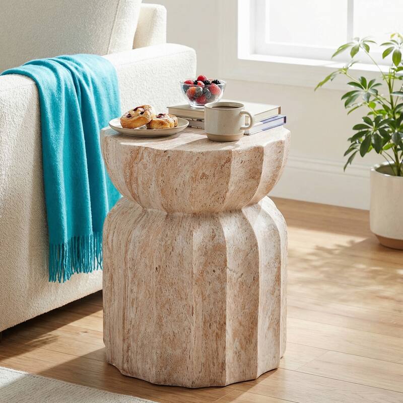 Christopher Knight Home - Modern Outdoor Lightweight Concrete Accent Side Table with Fluted Sculptural Hourglass Design - Beige+Marble