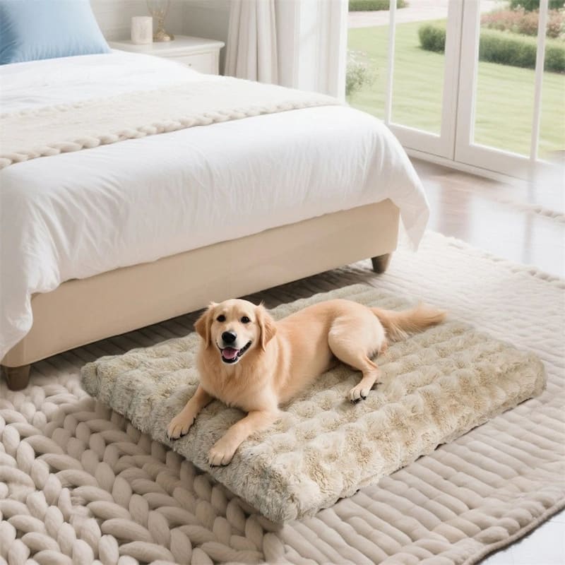 Washable Dog Bed Comfy Fluffy Kennel Pad Anti-Slip Pet Sleeping Mat Dogs Pillow - 41.3x27.5x4.7 inch - Khaki