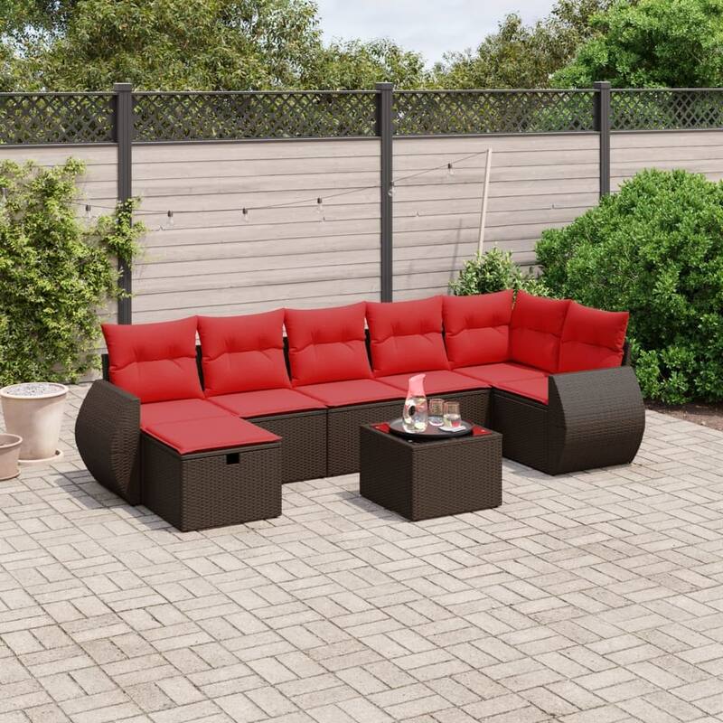 vidaXL Patio Sofa Set with Cushions Outdoor Conversation Furniture Poly Rattan - 24.4" x 24.4" x 27.2" - Brown with table