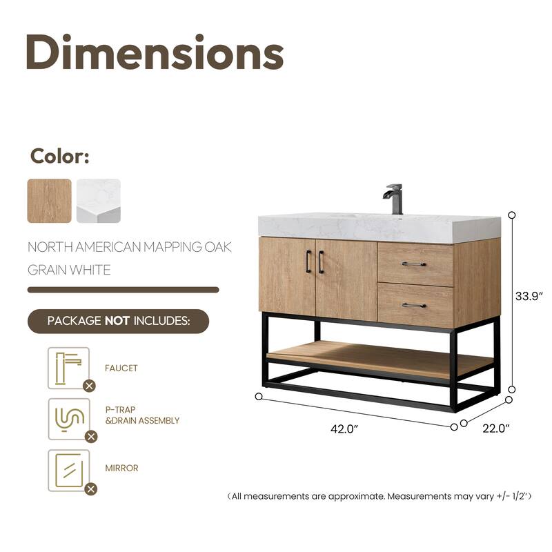 Alistair 42" Single Vanity with White Grain Stone Top without Mirror